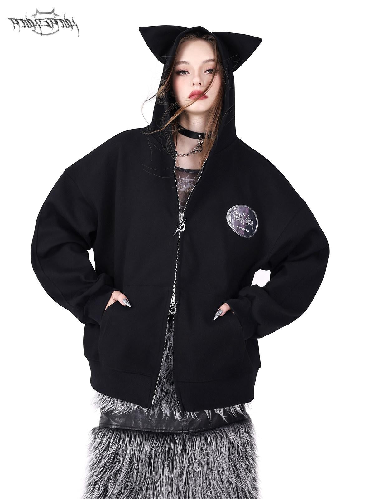PINKSPINK Sphinx Cat Ear Double Zipper Letter Print Women's Black Zip-up Hoodies