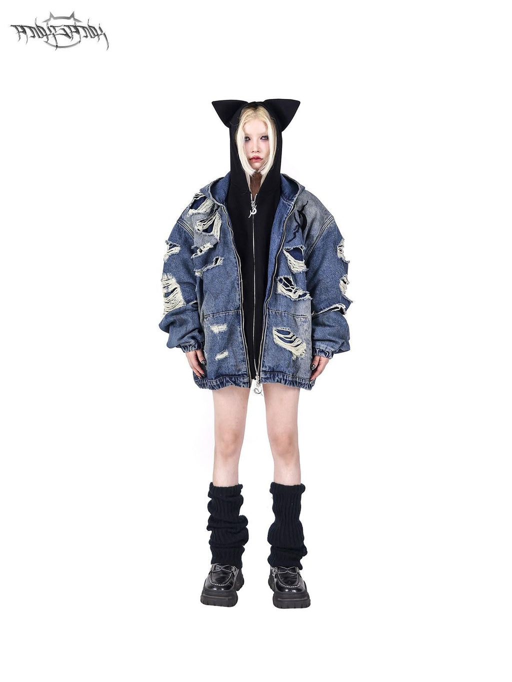 PINKSPINK Sphinx Cat Ear Double Zipper Letter Print Women's Black Zip-up Hoodies