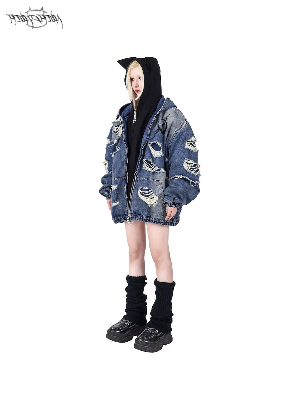 PINKSPINK Sphinx Cat Ear Double Zipper Letter Print Women's Black Zip-up Hoodies