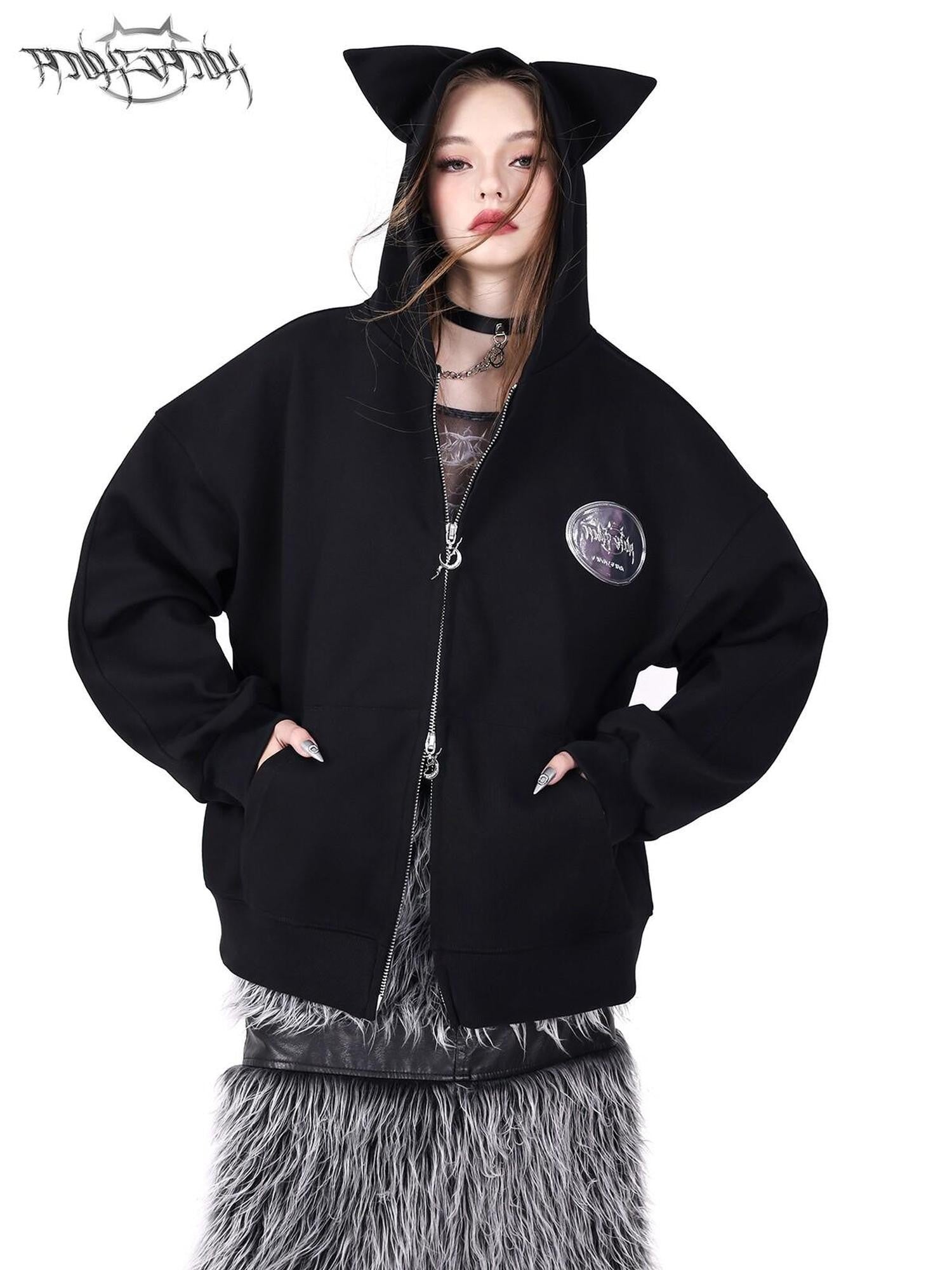 PINKSPINK Sphinx Cat Ear Double Zipper Letter Print Women's Black Zip-up Hoodies