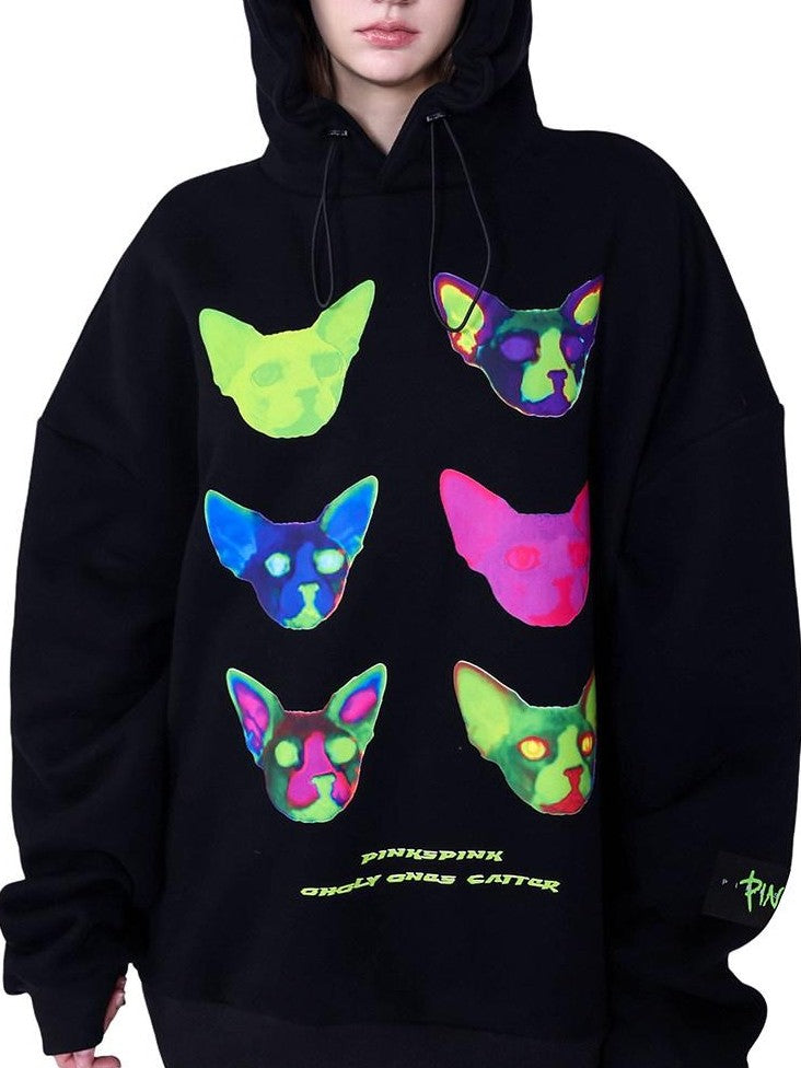 PINKSPINK Sphinx Cat Ear Edm Print Women's 100 Percent Cotton Loose Hoodies