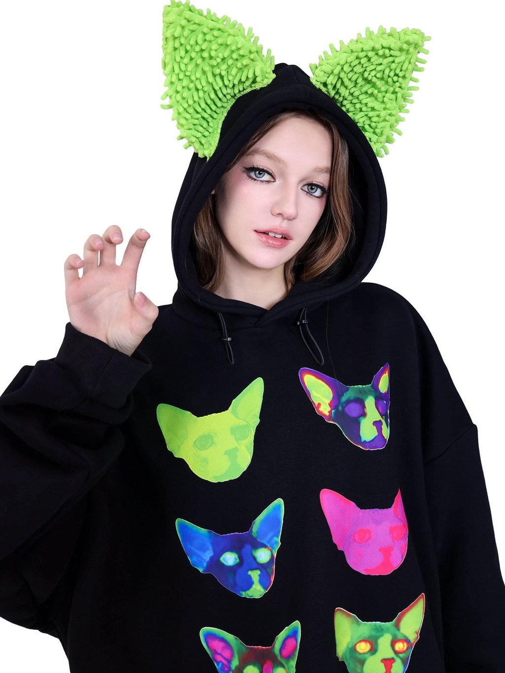 PINKSPINK Sphinx Cat Ear Edm Print Women's 100 Percent Cotton Loose Hoodies
