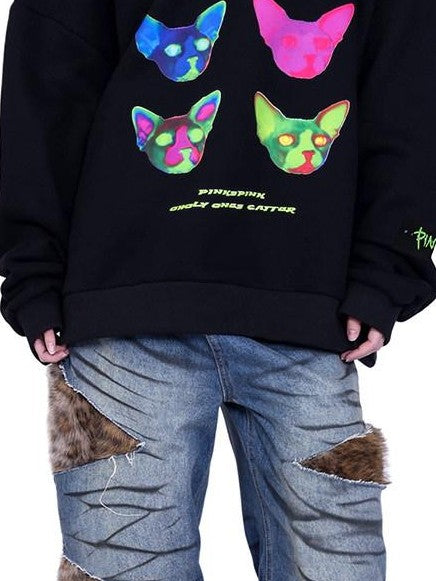 PINKSPINK Sphinx Cat Ear Edm Print Women's 100 Percent Cotton Loose Hoodies