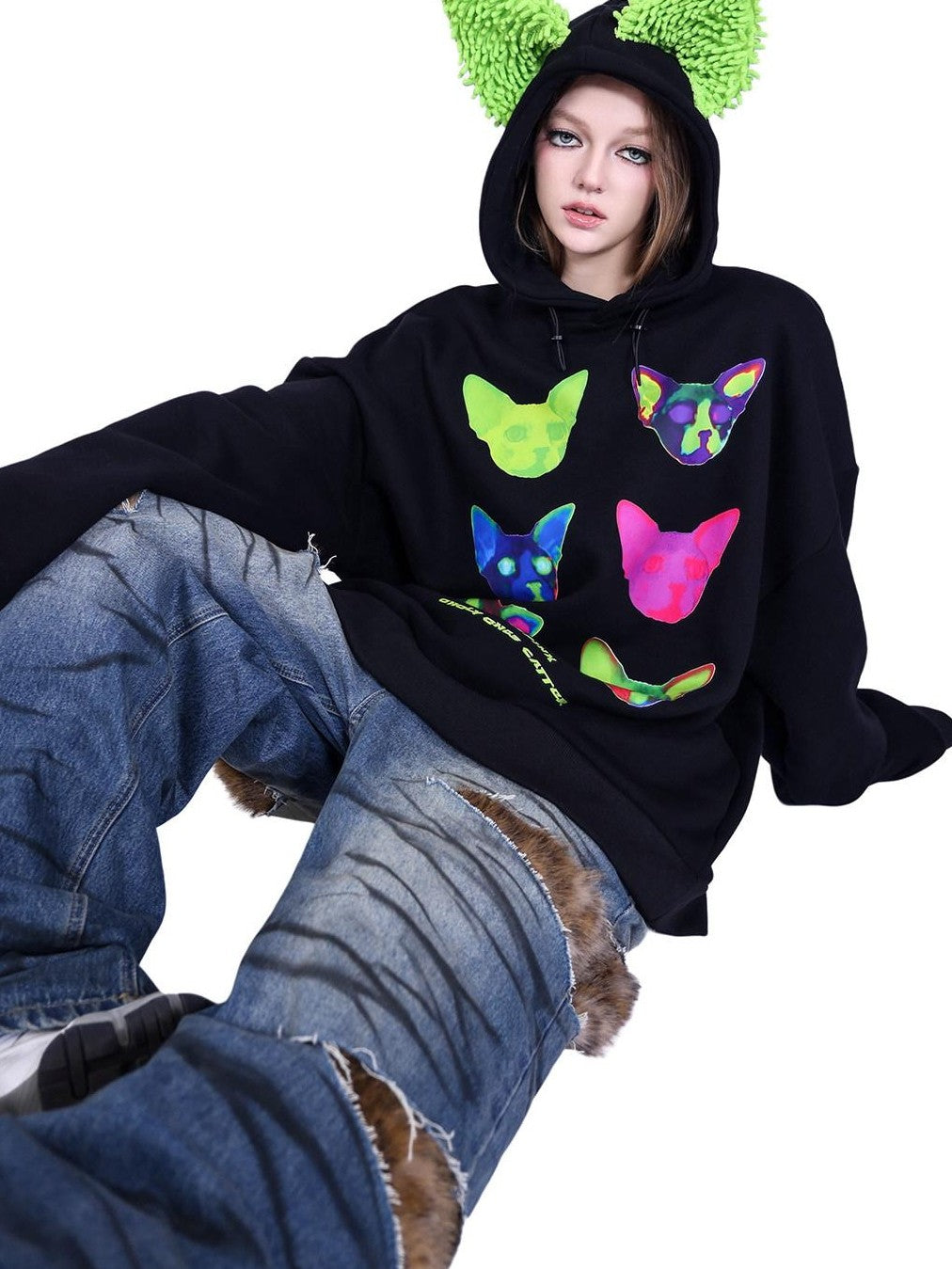 PINKSPINK Sphinx Cat Ear Edm Print Women's 100 Percent Cotton Loose Hoodies