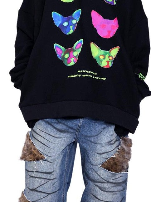 PINKSPINK Sphinx Cat Ear Edm Print Women's 100 Percent Cotton Loose Hoodies