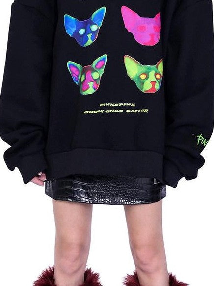 PINKSPINK Sphinx Cat Ear Edm Print Women's 100 Percent Cotton Loose Hoodies