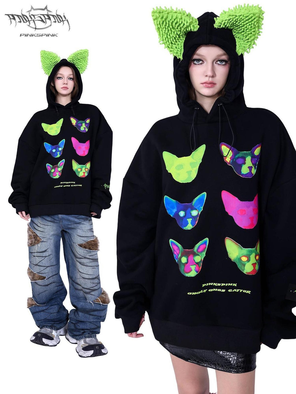 PINKSPINK Sphinx Cat Ear Electronic Print Cartoon Loose Women's Cotton Hoodies