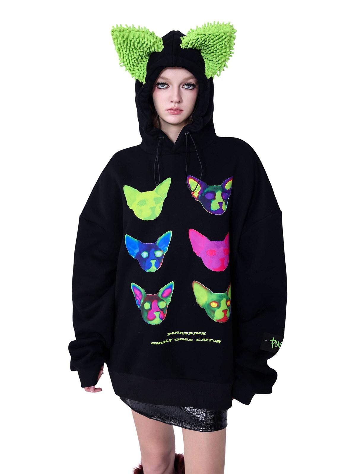 PINKSPINK Sphinx Cat Ear Electronic Print Cartoon Loose Women's Cotton Hoodies