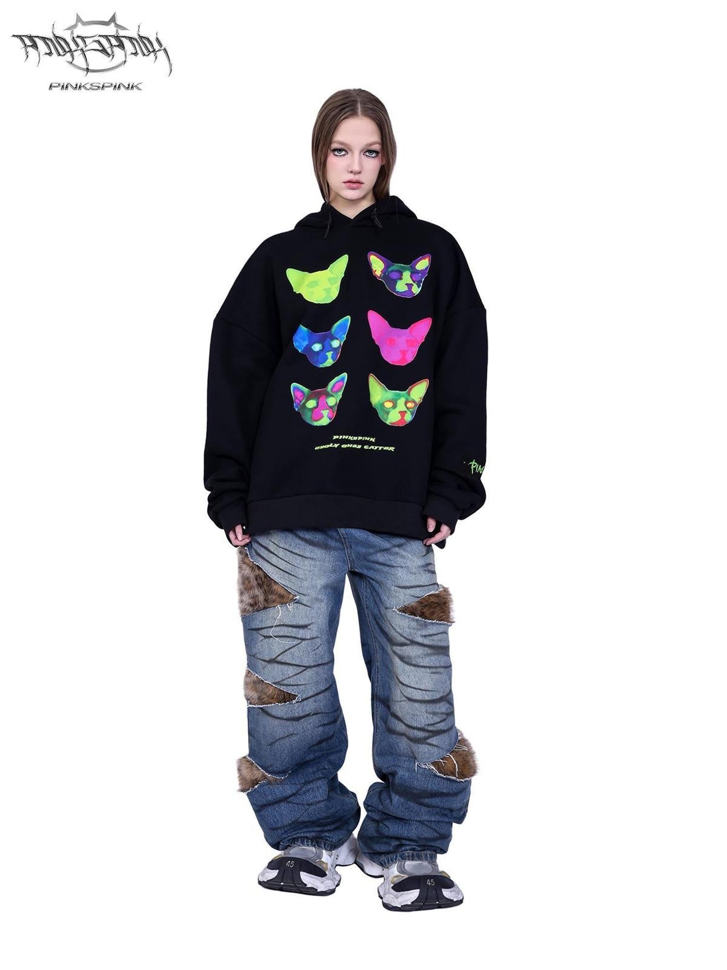 PINKSPINK Sphinx Cat Ear Electronic Print Cartoon Loose Women's Cotton Hoodies
