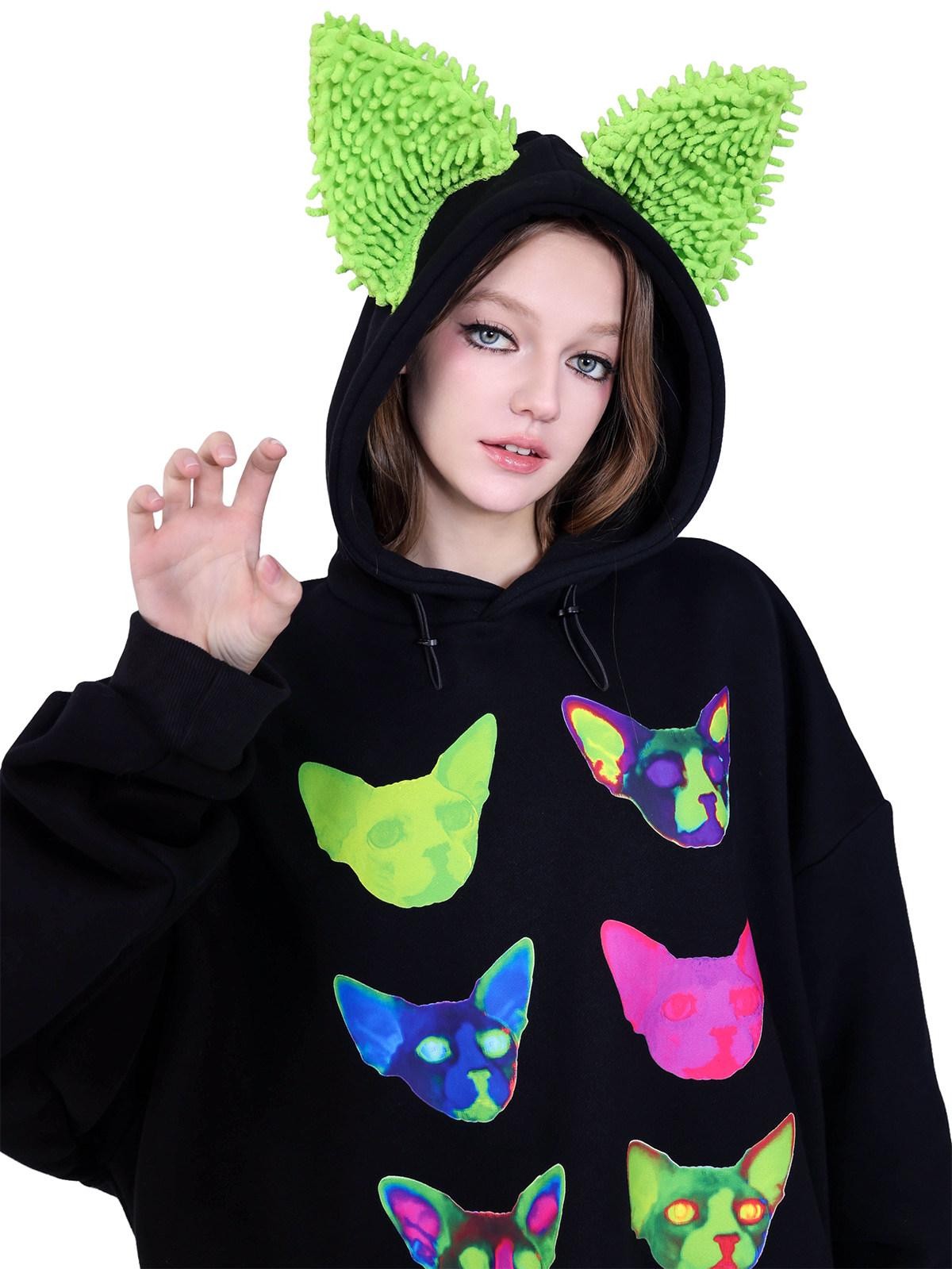 PINKSPINK Sphinx Cat Ear Electronic Print Cartoon Loose Women's Cotton Hoodies