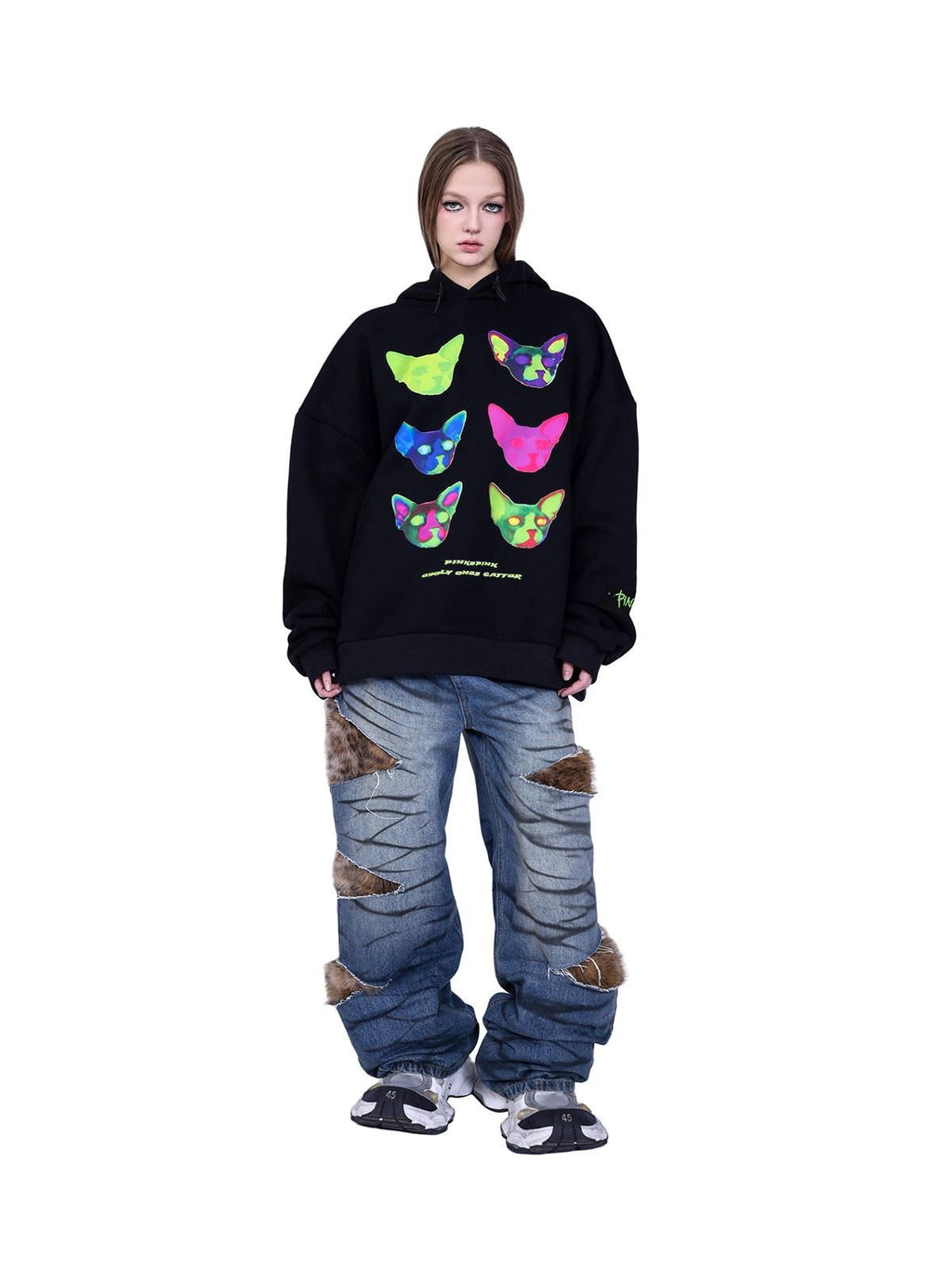 PINKSPINK Sphinx Cat Ear Electronic Print Cartoon Loose Women's Cotton Hoodies