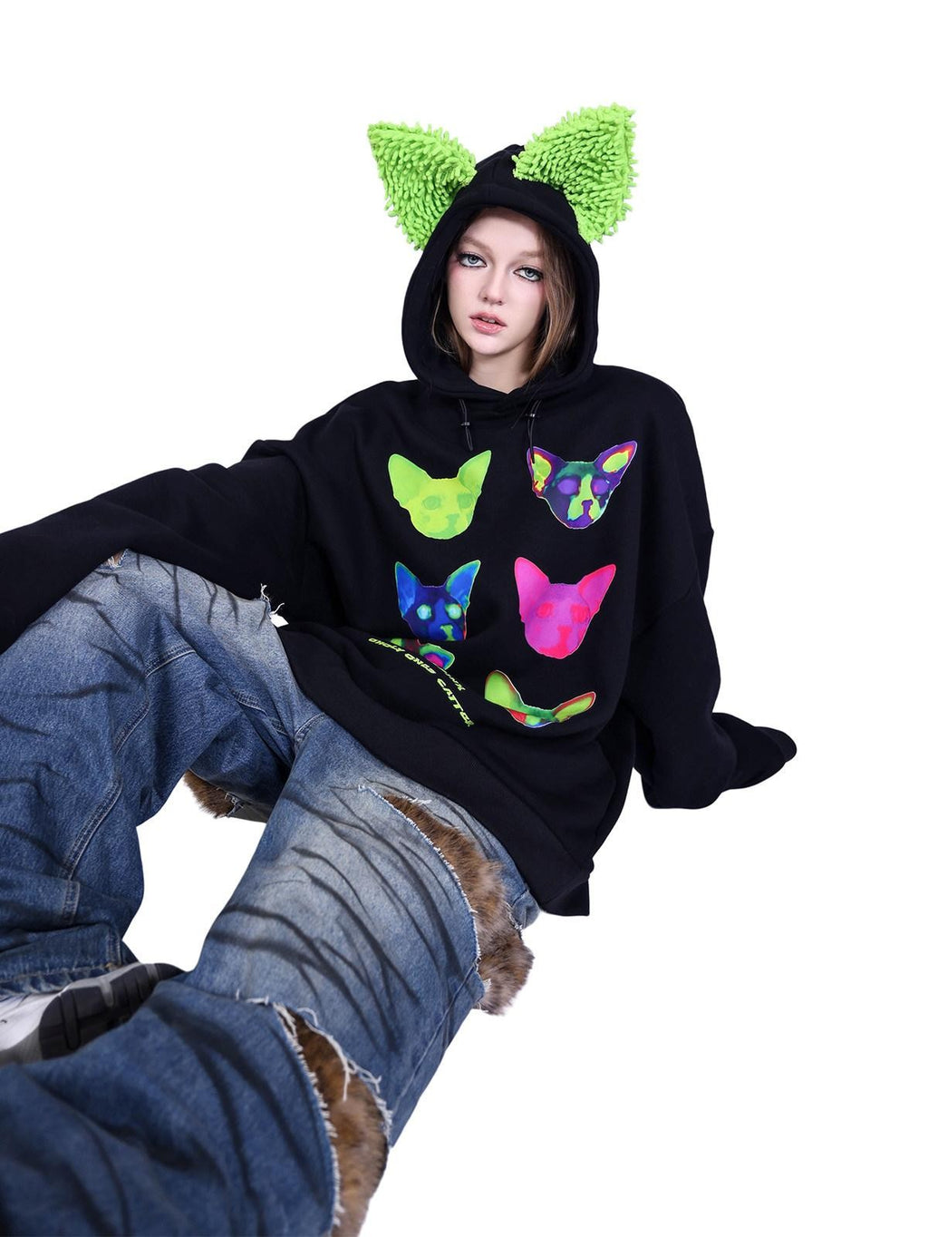 PINKSPINK Sphinx Cat Ear Electronic Print Cartoon Loose Women's Cotton Hoodies