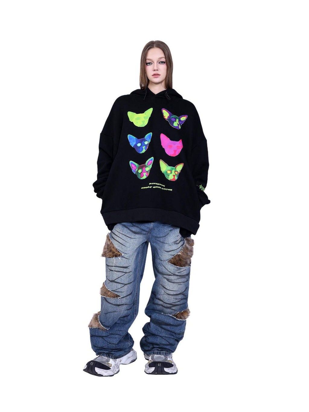 PINKSPINK Sphinx Cat Ear Electronic Print Cartoon Loose Women's Cotton Hoodies