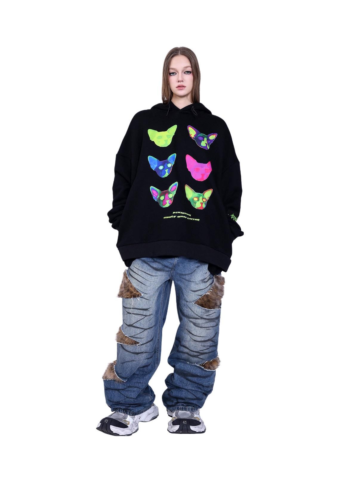 PINKSPINK Sphinx Cat Ear Electronic Print Cartoon Loose Women's Cotton Hoodies