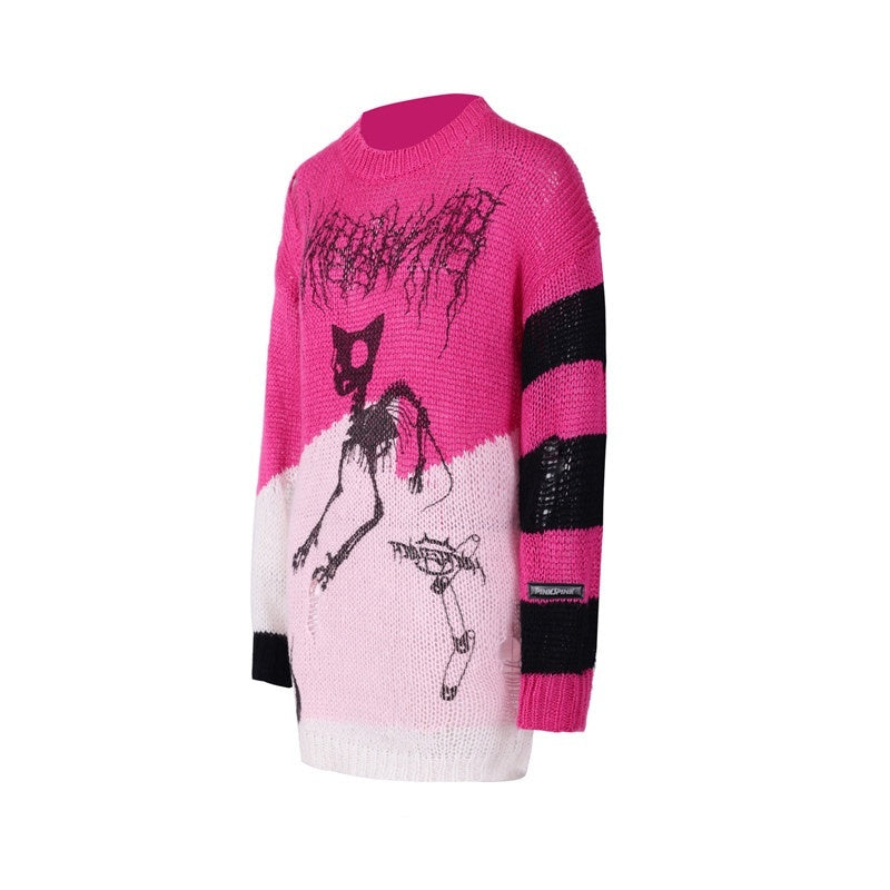 PINKSPINK_Sphinx_Cat_Stripe_Asymmetric_Patchwork_Distressed_Lettered_Rock_Women's_Sweaters_861282062328_MISSTT