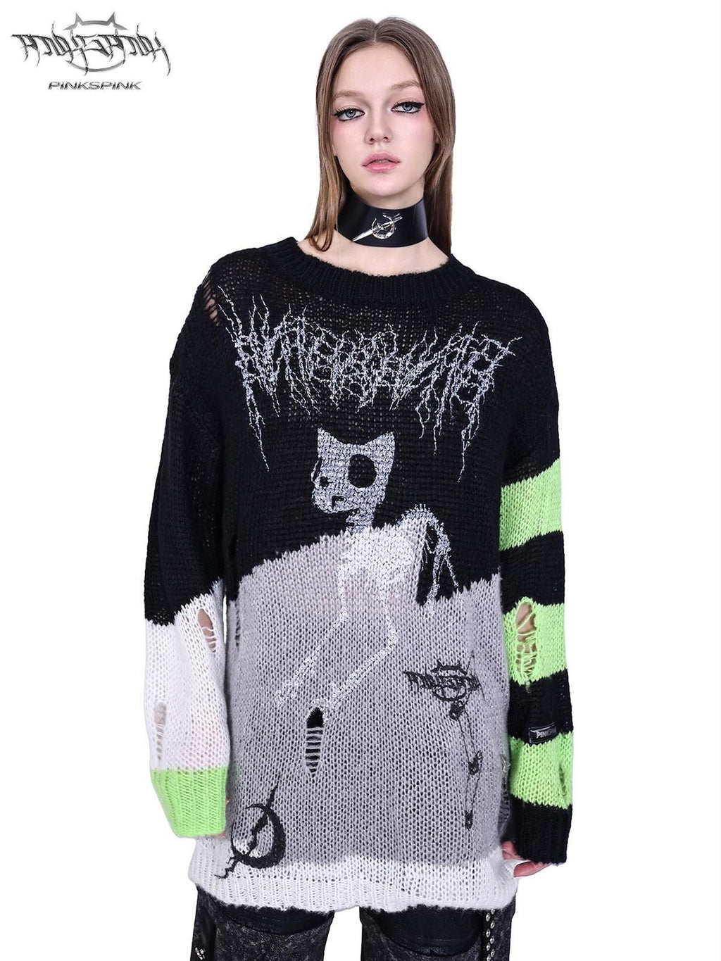 PINKSPINK Sphinx Cat Stripe Asymmetric Patchwork Distressed Lettered Rock Women's Sweaters