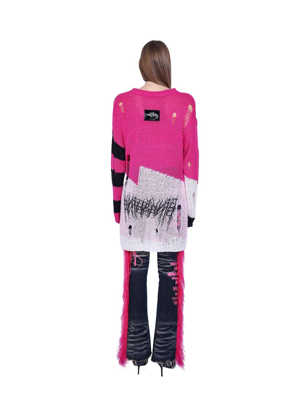 PINKSPINK Sphinx Cat Stripe Asymmetric Patchwork Distressed Lettered Rock Women's Sweaters