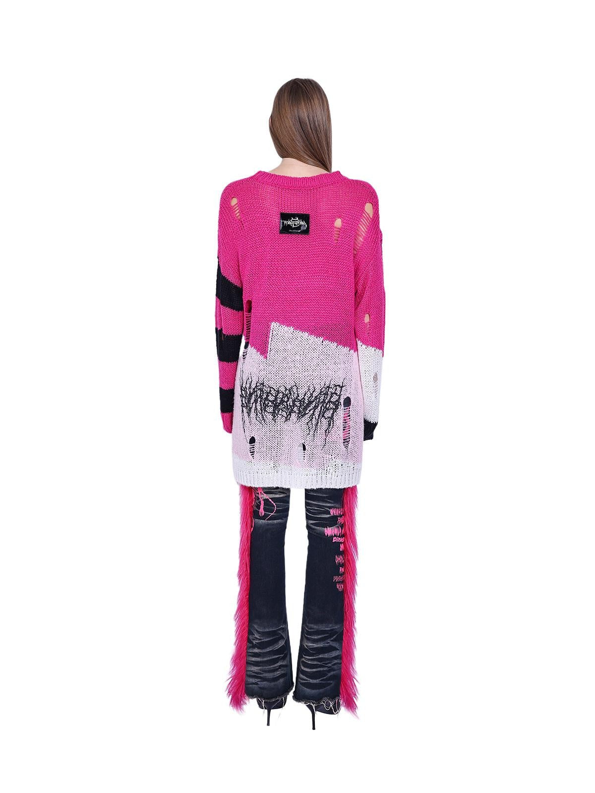 PINKSPINK Sphinx Cat Stripe Asymmetric Patchwork Distressed Lettered Rock Women's Sweaters