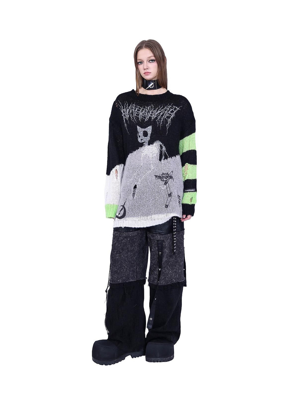 PINKSPINK Sphinx Cat Stripe Asymmetric Patchwork Distressed Lettered Rock Women's Sweaters