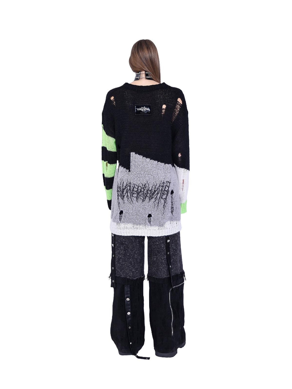 PINKSPINK Sphinx Cat Stripe Asymmetric Patchwork Distressed Lettered Rock Women's Sweaters