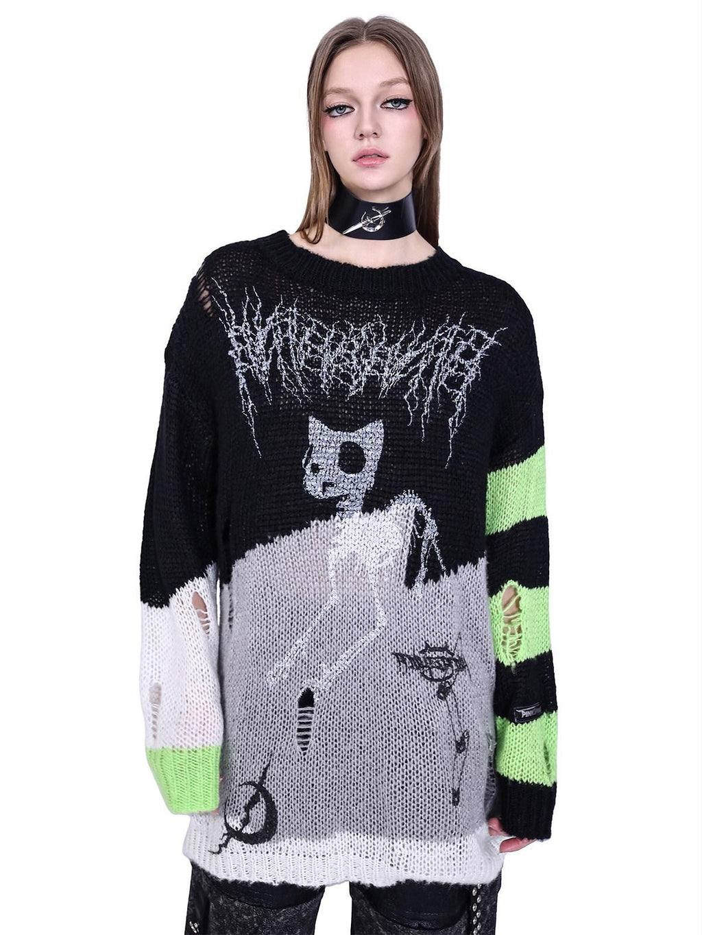 PINKSPINK Sphinx Cat Stripe Asymmetric Patchwork Distressed Lettered Rock Women's Sweaters