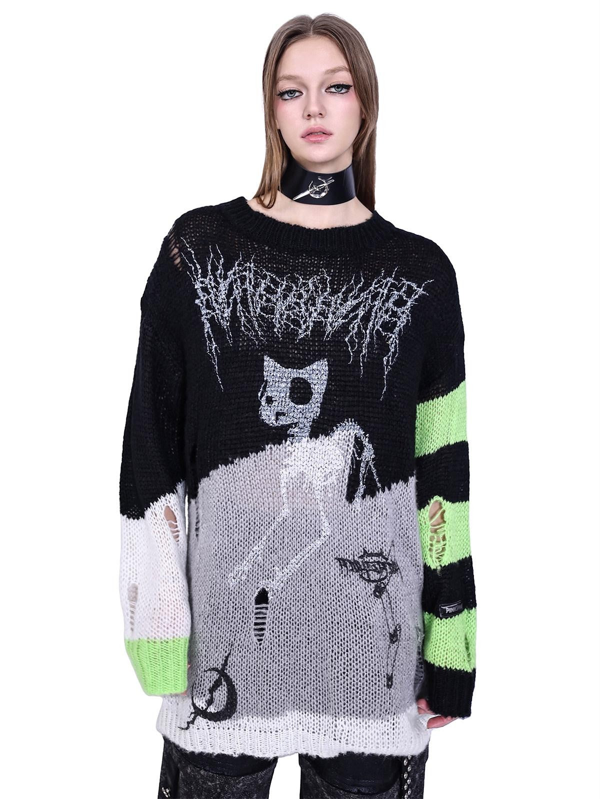 PINKSPINK Sphinx Cat Stripe Asymmetric Patchwork Distressed Lettered Rock Women's Sweaters