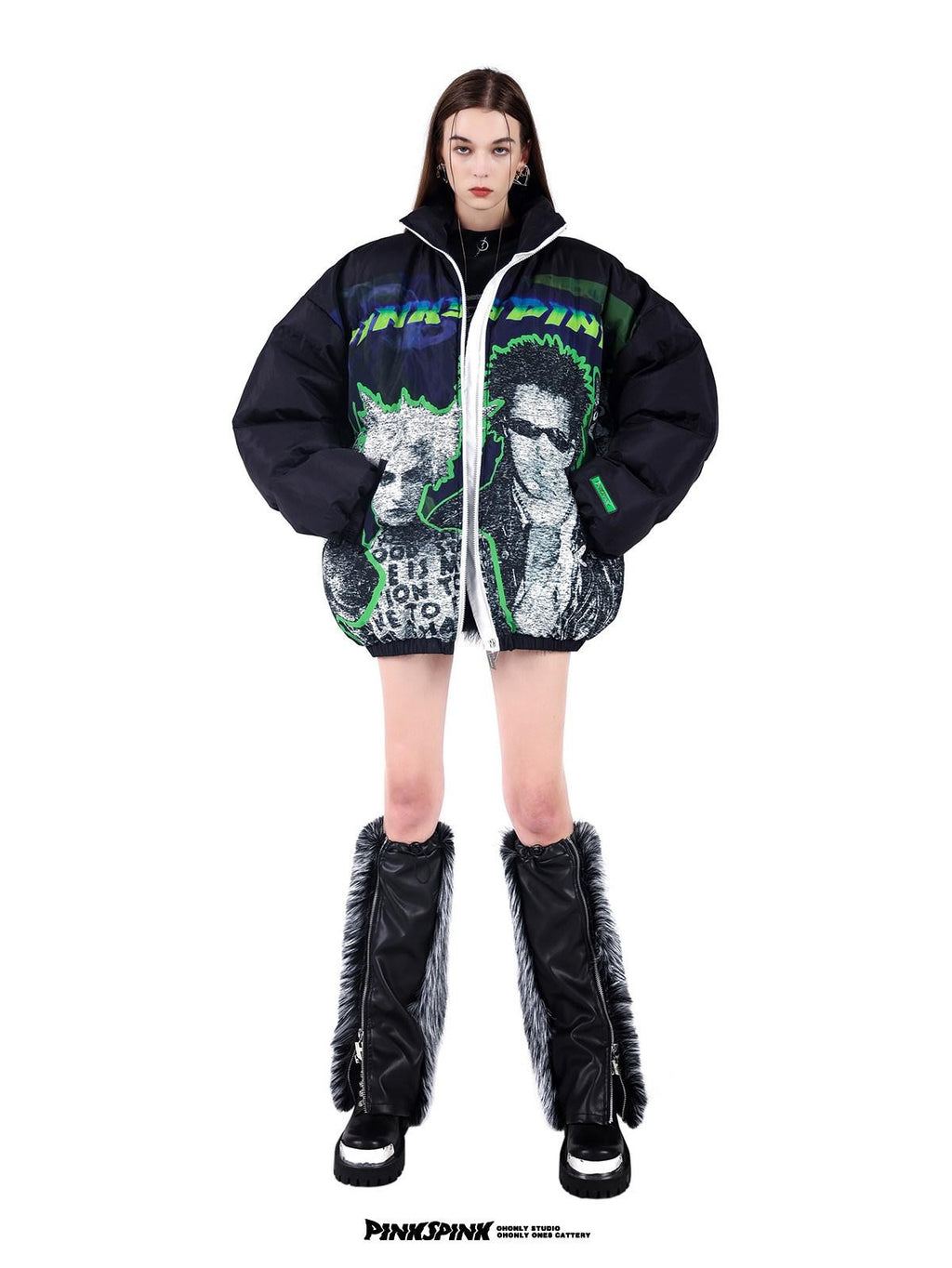 PINKSPINK Sphinx Character Rock Punk Oversized High Collar Women's Cotton Puffer Jackets