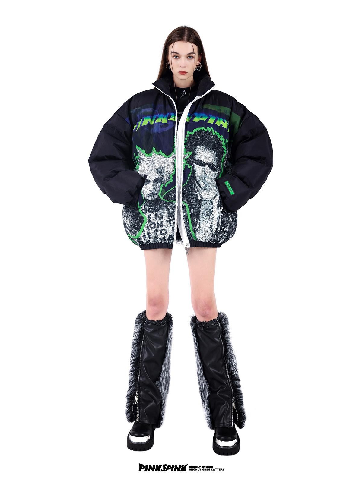 PINKSPINK Sphinx Character Rock Punk Oversized High Collar Women's Cotton Puffer Jackets
