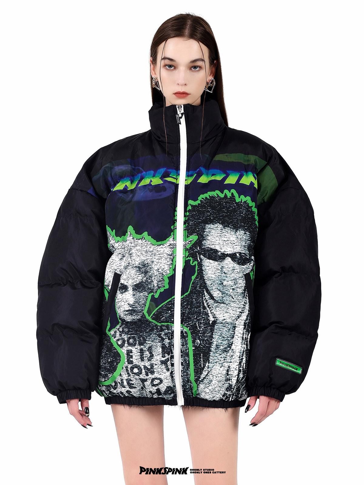 PINKSPINK Sphinx Character Rock Punk Oversized High Collar Women's Cotton Puffer Jackets