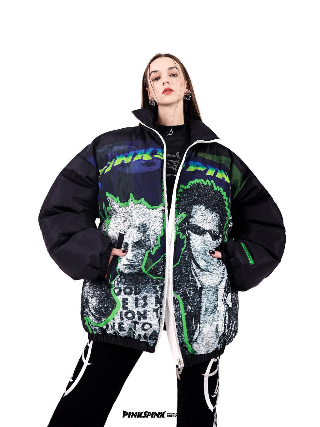 PINKSPINK Sphinx Character Rock Punk Oversized High Collar Women's Cotton Puffer Jackets