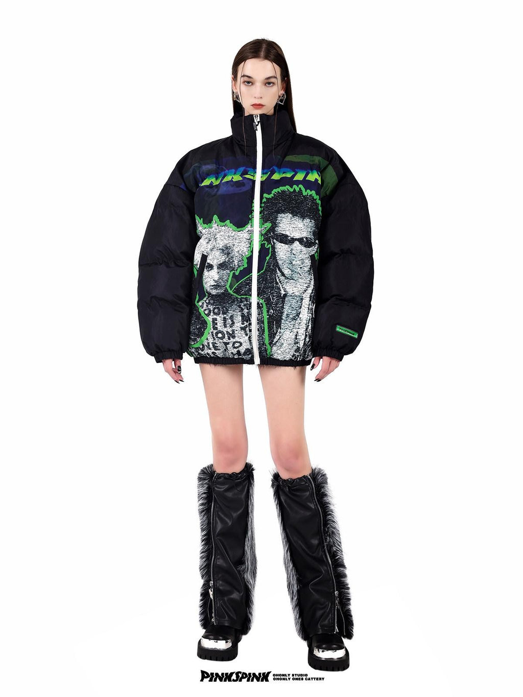 PINKSPINK Sphinx Character Rock Punk Oversized High Collar Women's Cotton Puffer Jackets