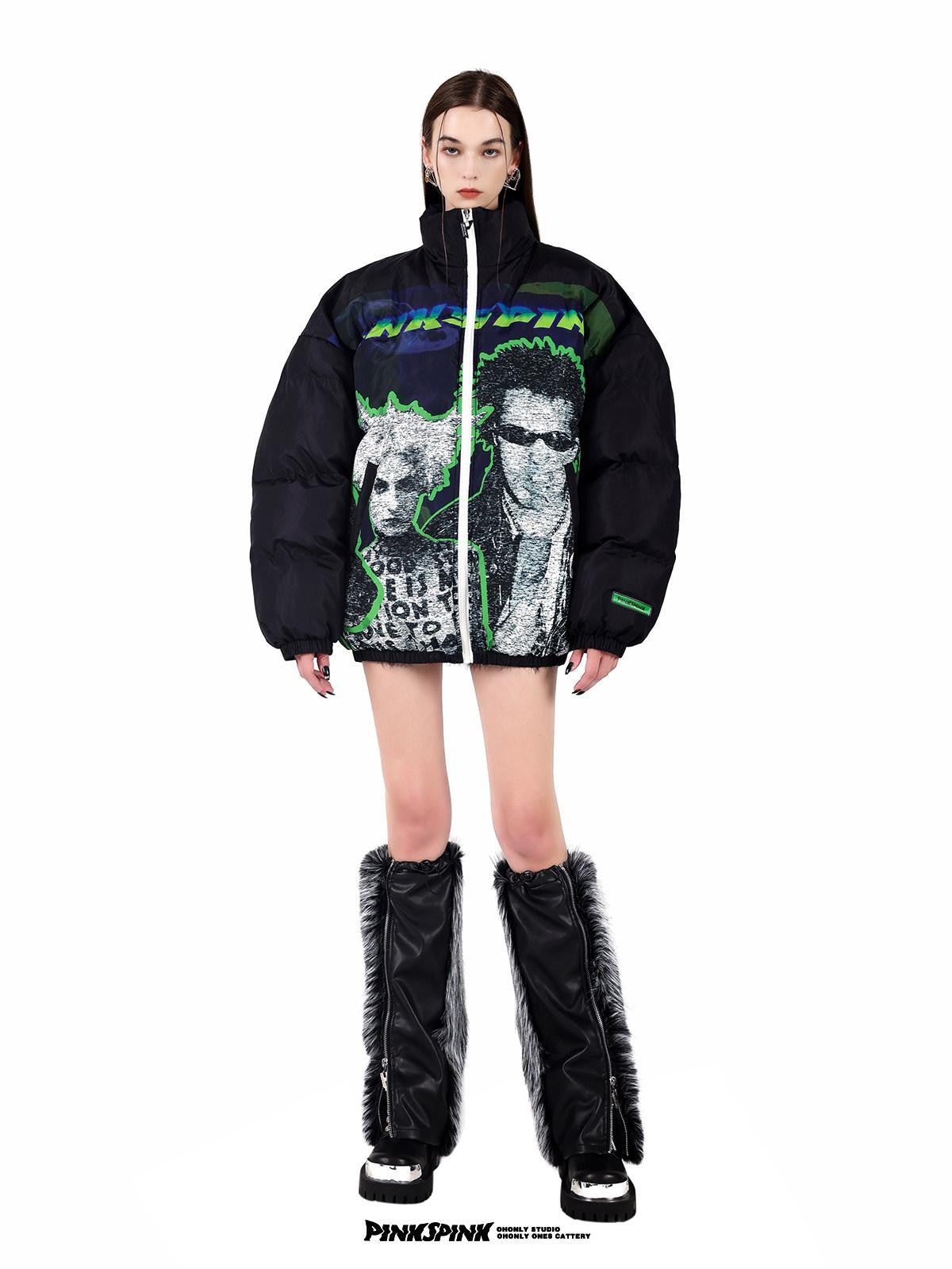 PINKSPINK Sphinx Character Rock Punk Oversized High Collar Women's Cotton Puffer Jackets