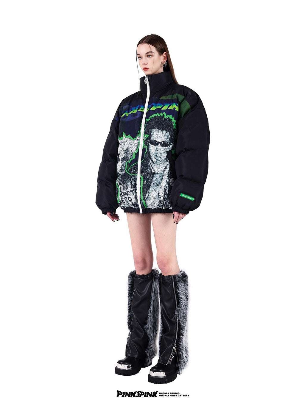 PINKSPINK Sphinx Character Rock Punk Oversized High Collar Women's Cotton Puffer Jackets