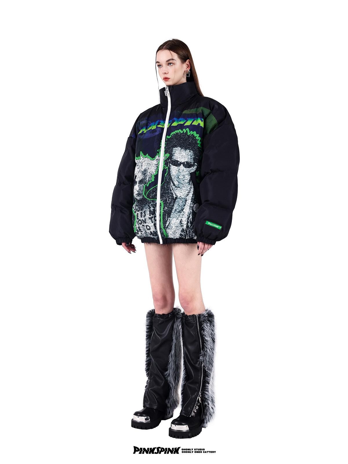 PINKSPINK Sphinx Character Rock Punk Oversized High Collar Women's Cotton Puffer Jackets