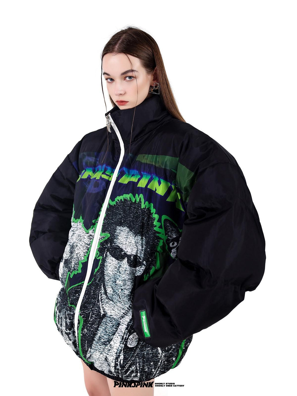 PINKSPINK Sphinx Character Rock Punk Oversized High Collar Women's Cotton Puffer Jackets