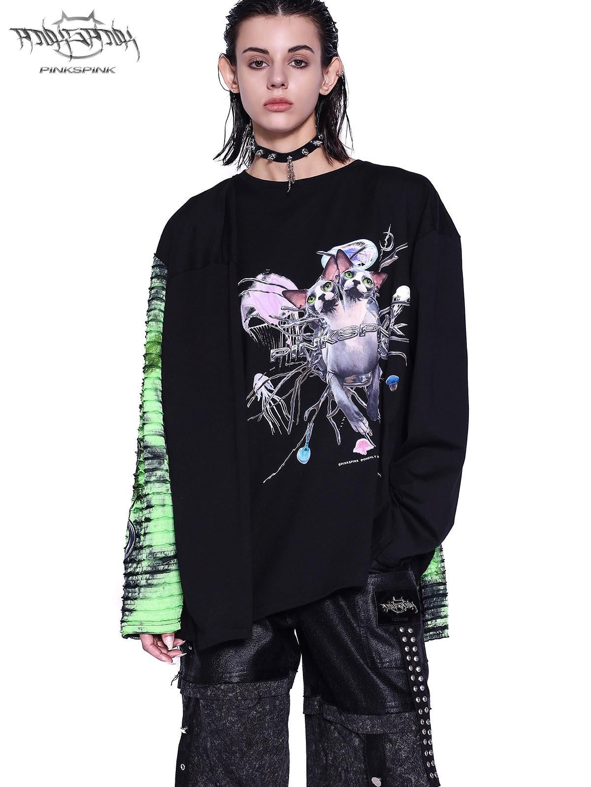 PINKSPINK Sphinx Print Reconstructed Four Sleeve Women's Cotton Long Sleeve T-shirts