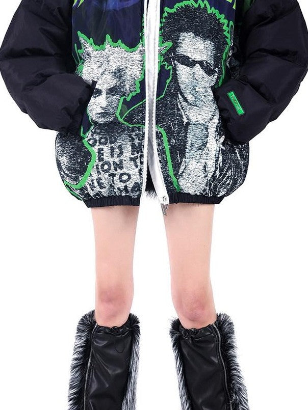 PINKSPINK Sphinx Stand Collar Character Print Rock Punk Women's Cotton Puffer Jackets