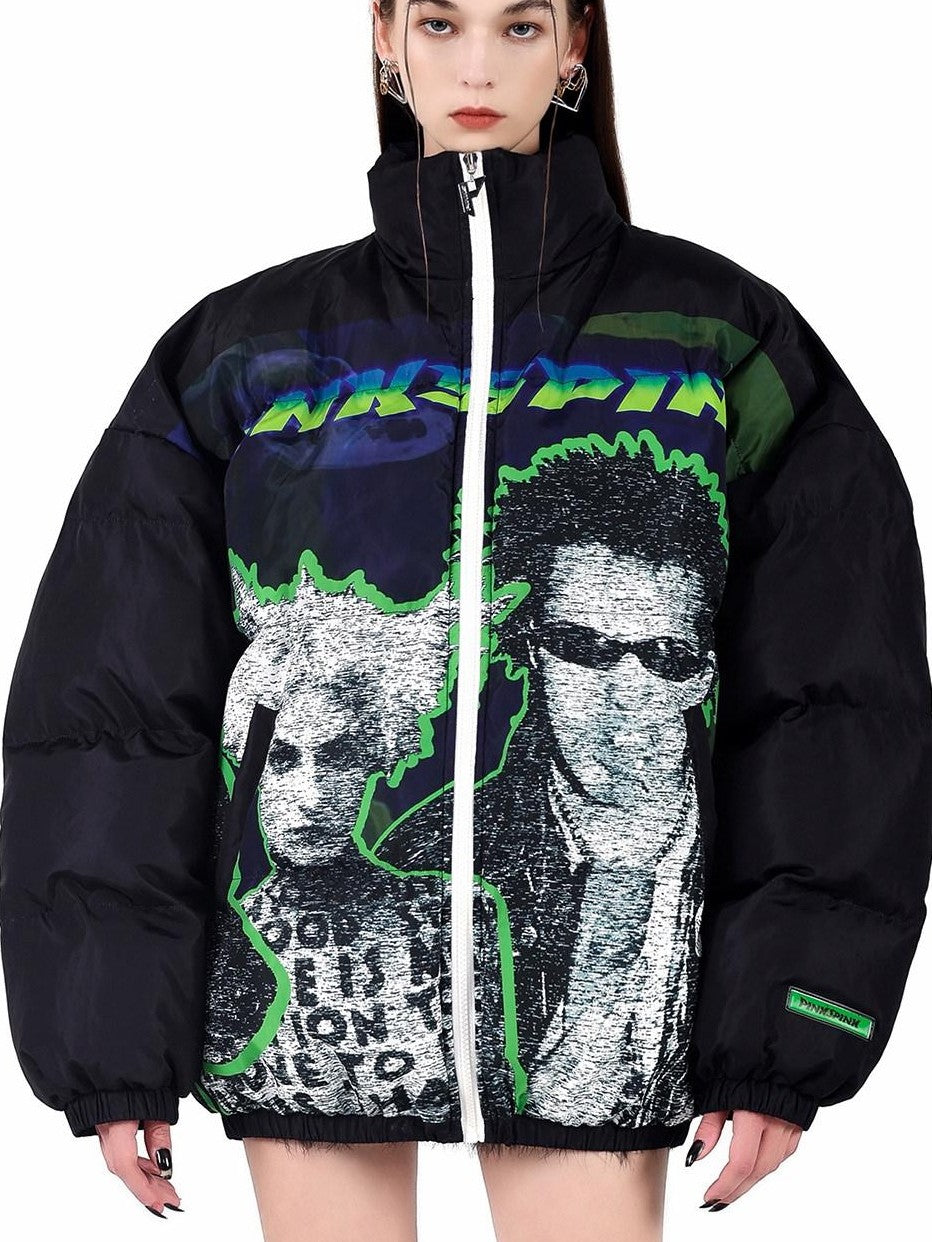 PINKSPINK Sphinx Stand Collar Character Print Rock Punk Women's Cotton Puffer Jackets