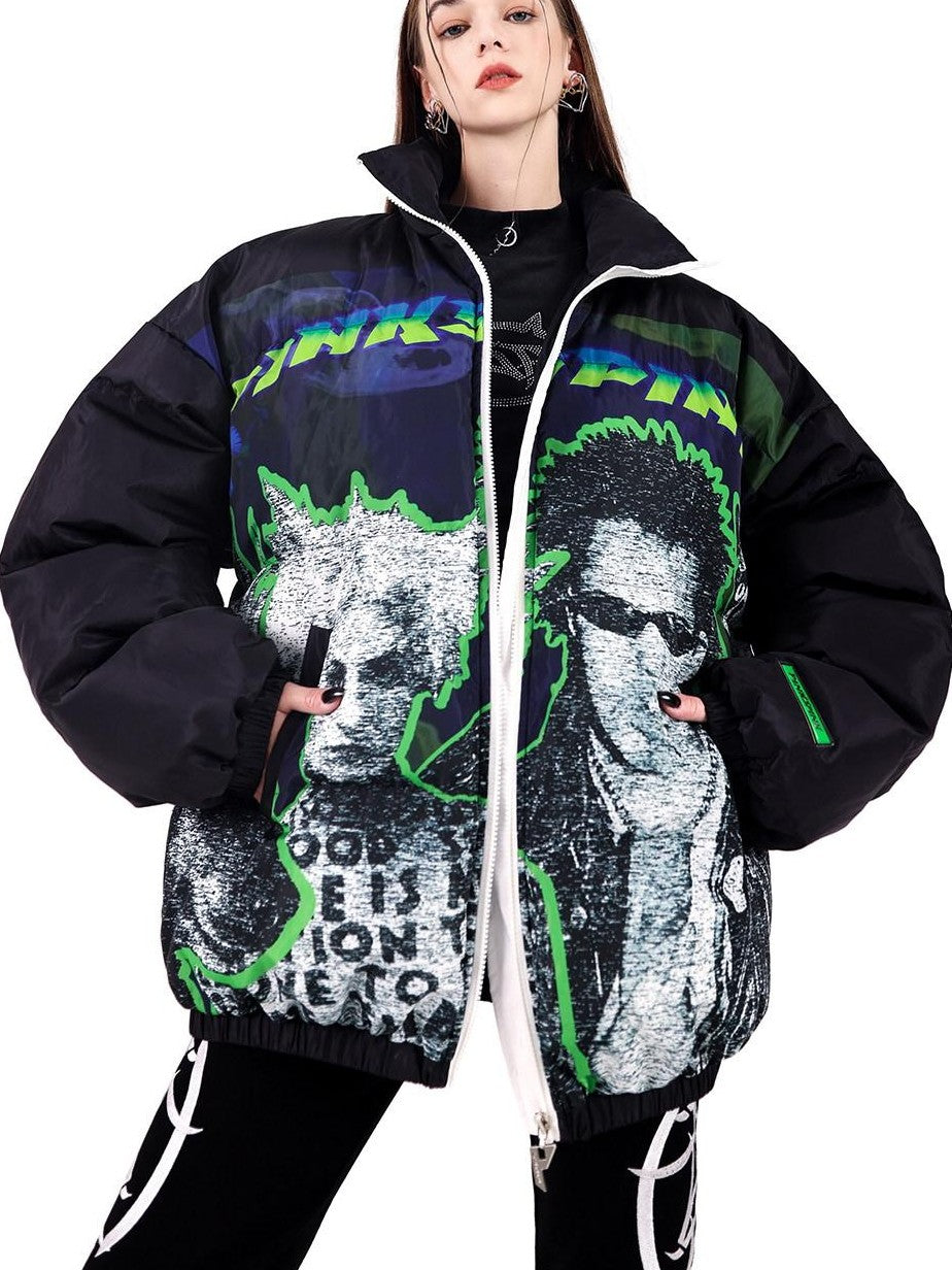 PINKSPINK Sphinx Stand Collar Character Print Rock Punk Women's Cotton Puffer Jackets