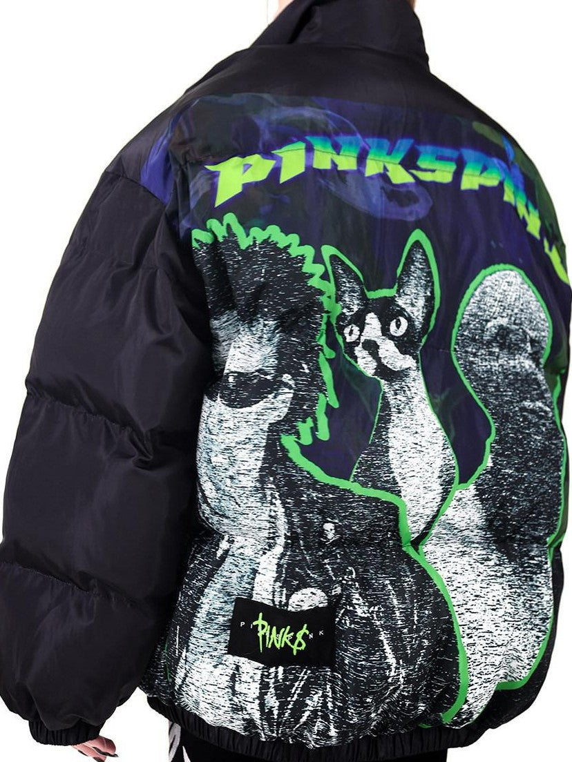 PINKSPINK Sphinx Stand Collar Character Print Rock Punk Women's Cotton Puffer Jackets