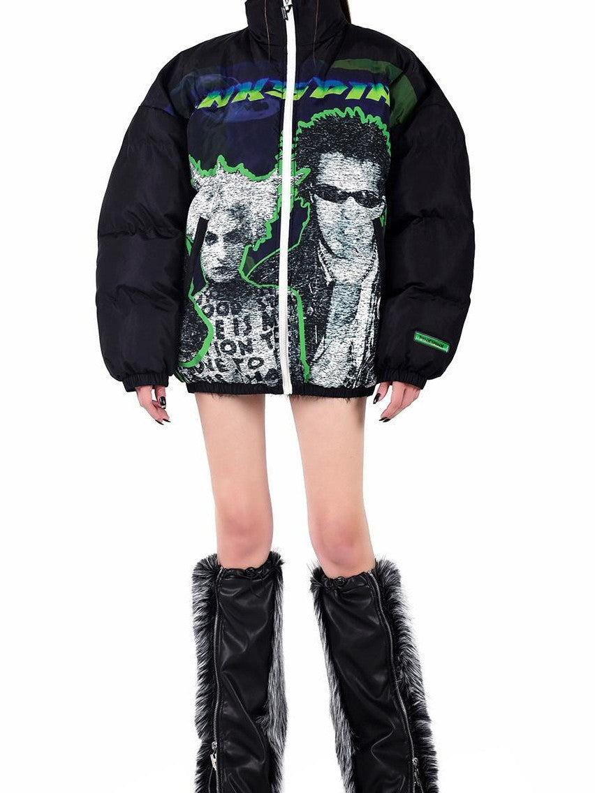 PINKSPINK Sphinx Stand Collar Character Print Rock Punk Women's Cotton Puffer Jackets