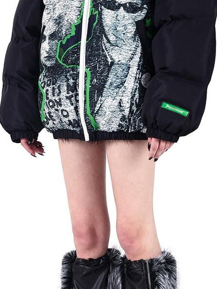 PINKSPINK Sphinx Stand Collar Character Print Rock Punk Women's Cotton Puffer Jackets
