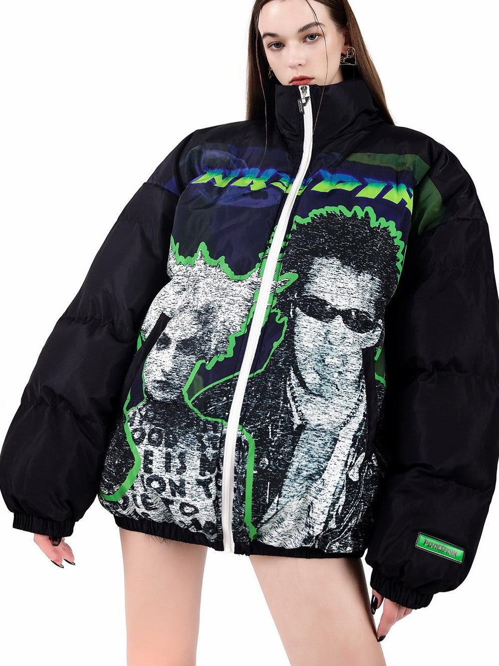 PINKSPINK Sphinx Stand Collar Character Print Rock Punk Women's Cotton Puffer Jackets