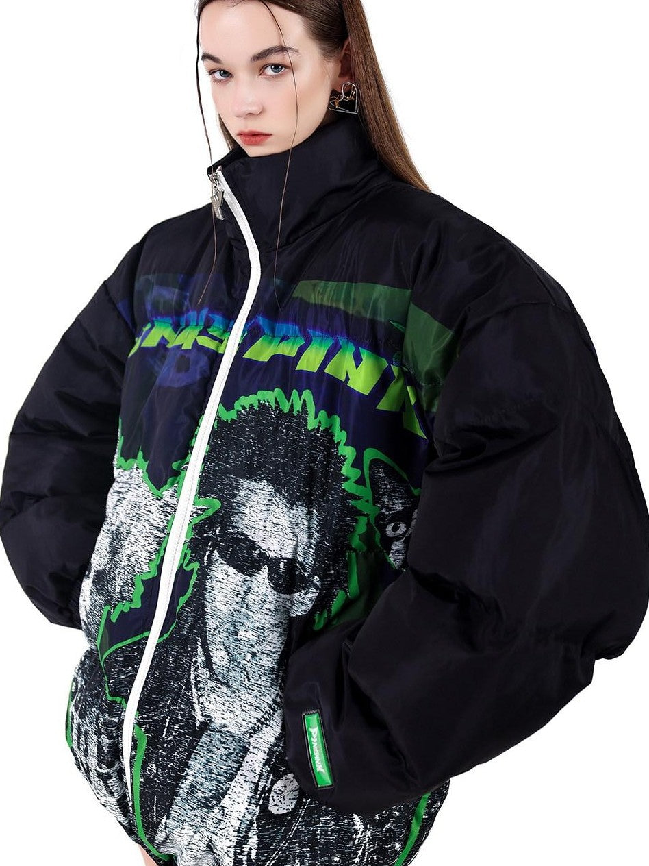 PINKSPINK Sphinx Stand Collar Character Print Rock Punk Women's Cotton Puffer Jackets