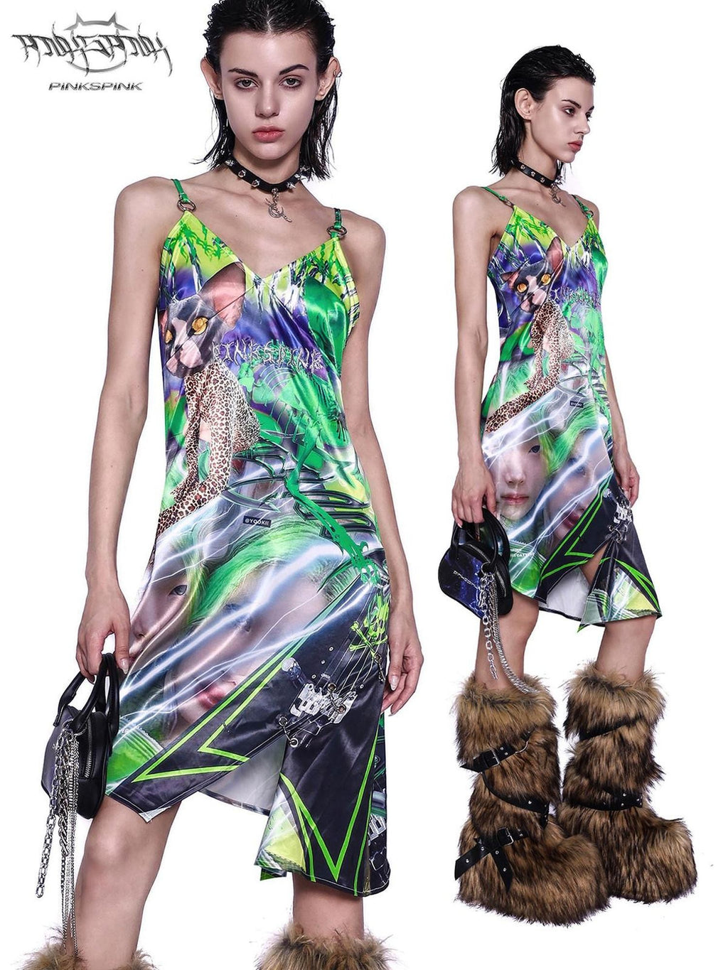 PINKSPINK Sphynx Cat 3d Print Neon Green Women's Cotton Slip Midi Dresses