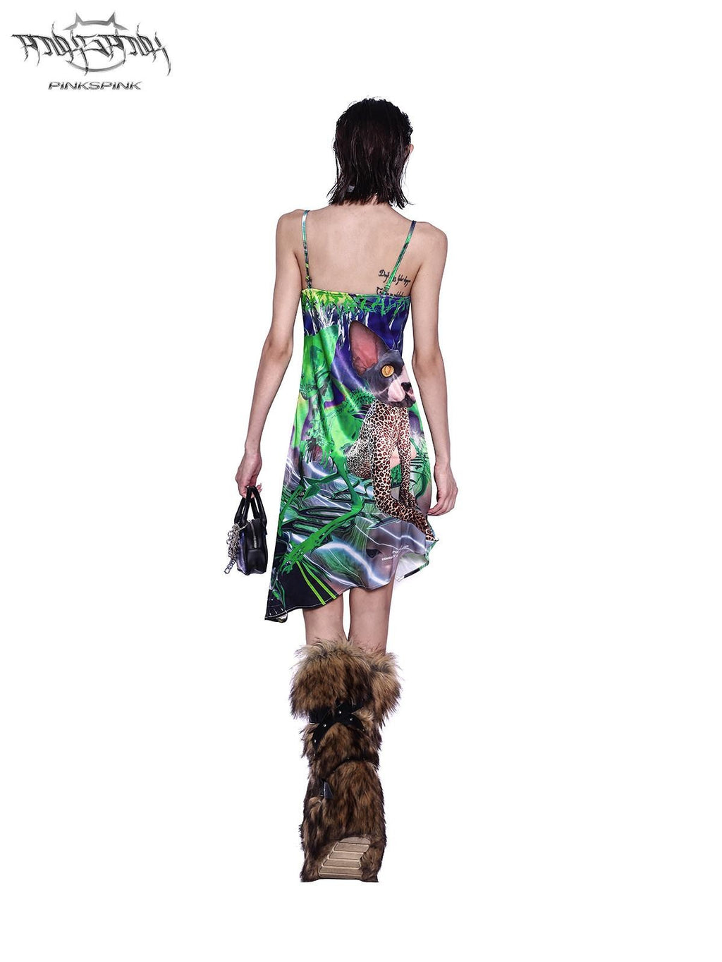 PINKSPINK Sphynx Cat 3d Print Neon Green Women's Cotton Slip Midi Dresses