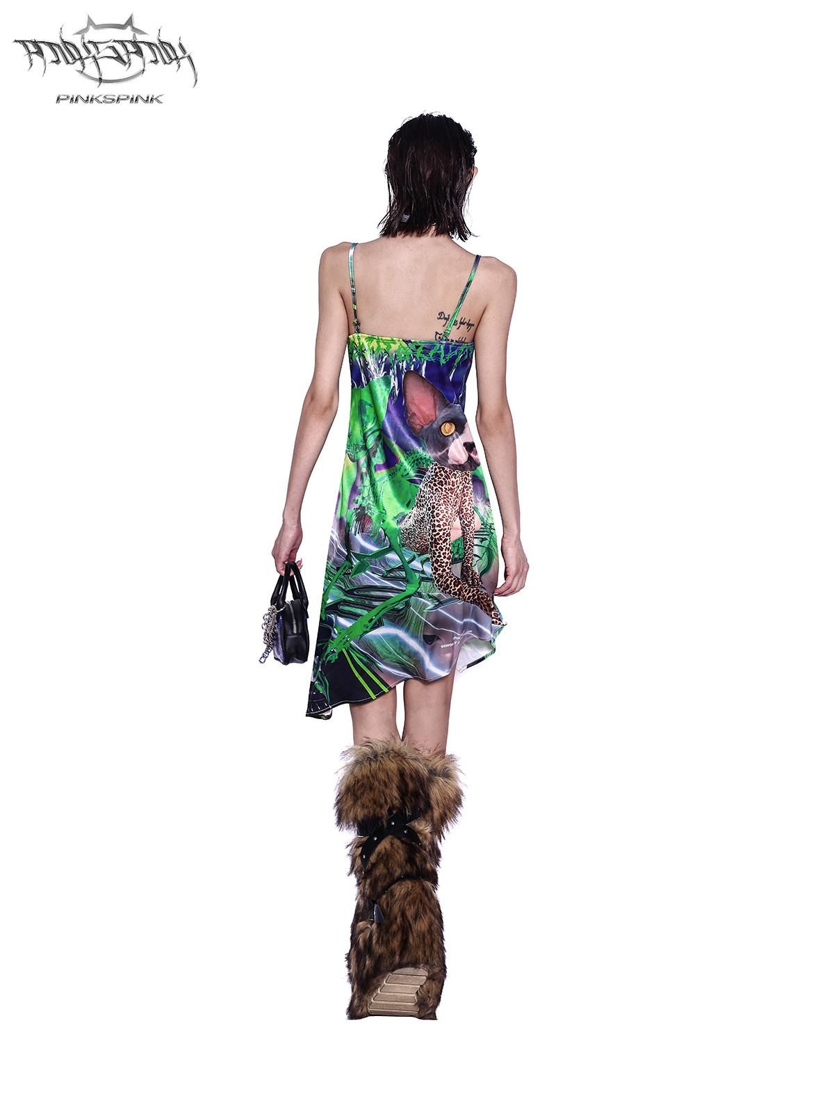 PINKSPINK Sphynx Cat 3d Print Neon Green Women's Cotton Slip Midi Dresses