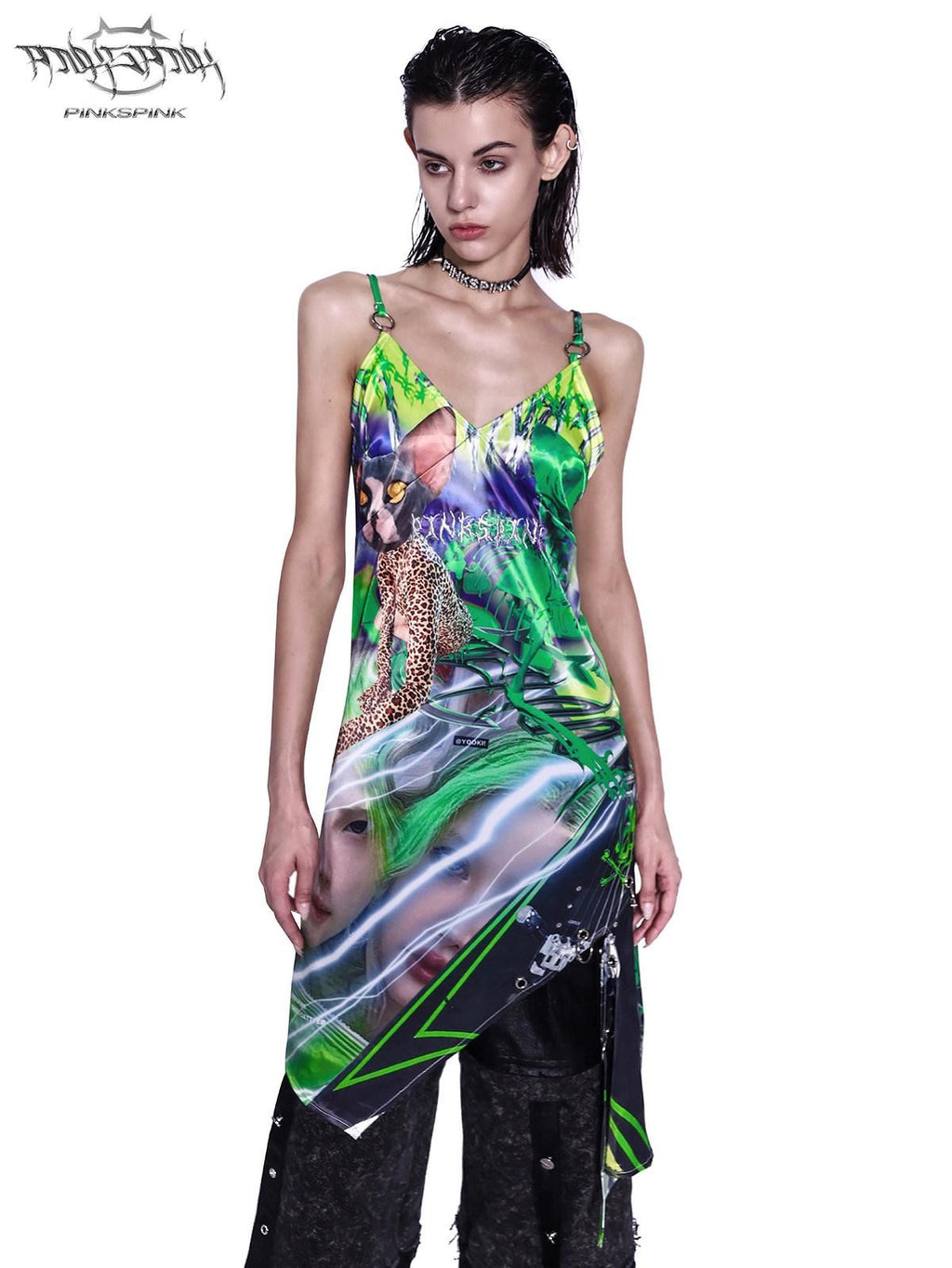 PINKSPINK Sphynx Cat 3d Print Neon Green Women's Cotton Slip Midi Dresses
