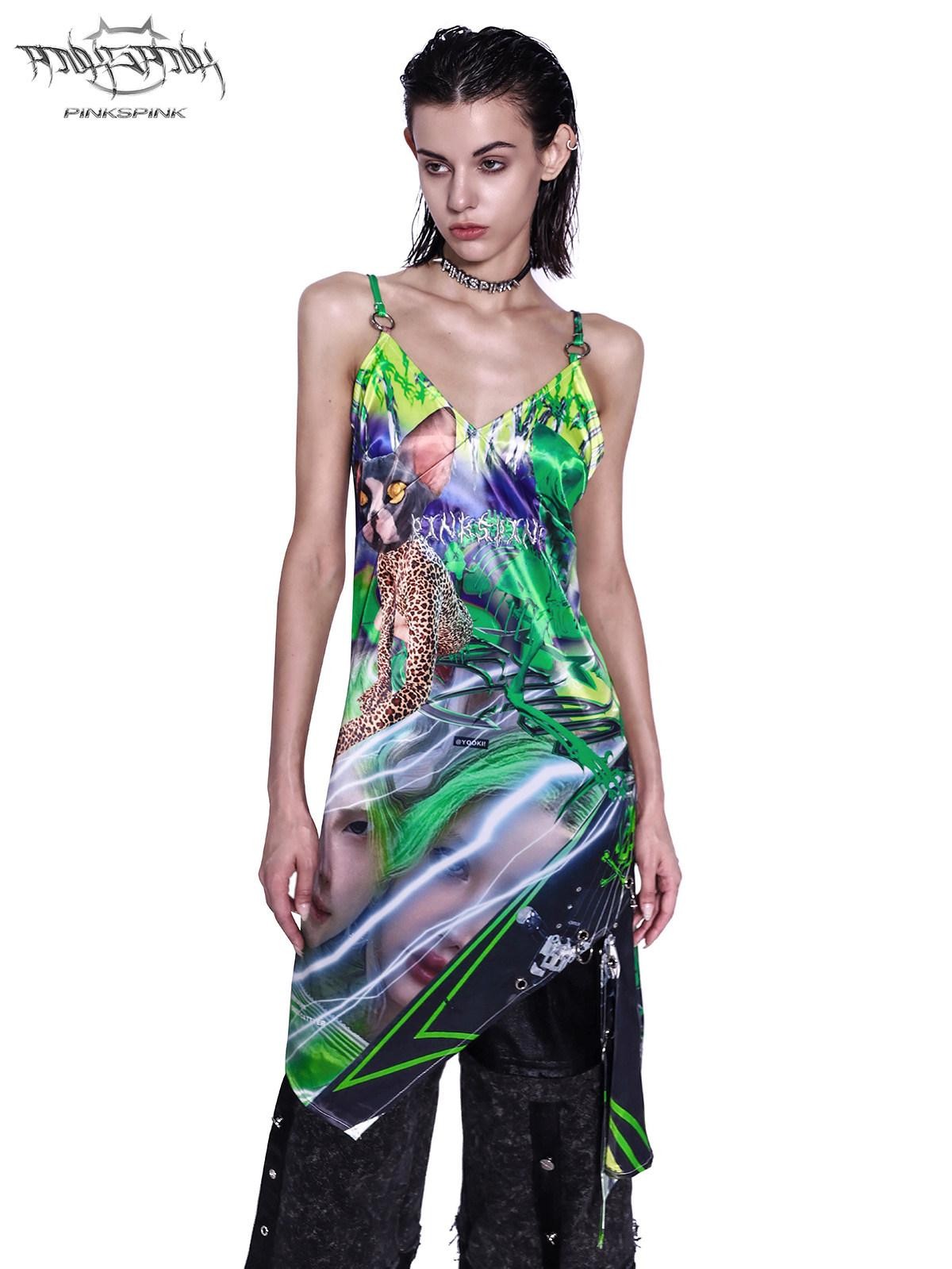 PINKSPINK Sphynx Cat 3d Print Neon Green Women's Cotton Slip Midi Dresses