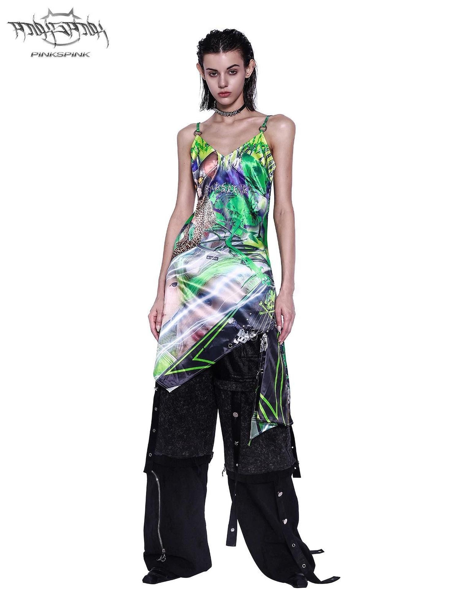 PINKSPINK Sphynx Cat 3d Print Neon Green Women's Cotton Slip Midi Dresses